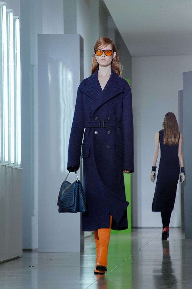 Jil Sander AW15, Dazed runway, Womenswear, Belted Navy Coat 6