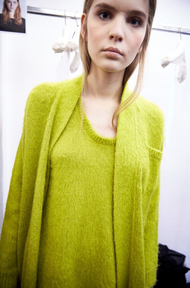 Erika Cavallini AW15 Dazed backstage Womenswear lime cardi 12
