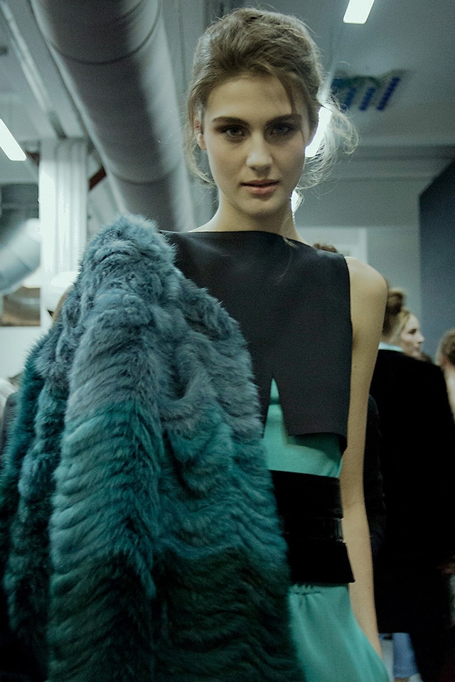 Giorgio Armani AW15 Dazed backstage Womenswear green fur 9