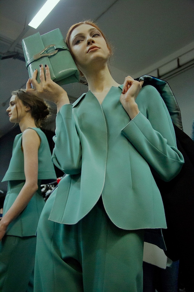 Giorgio Armani AW15 Dazed backstage Womenswear pastel suit 11