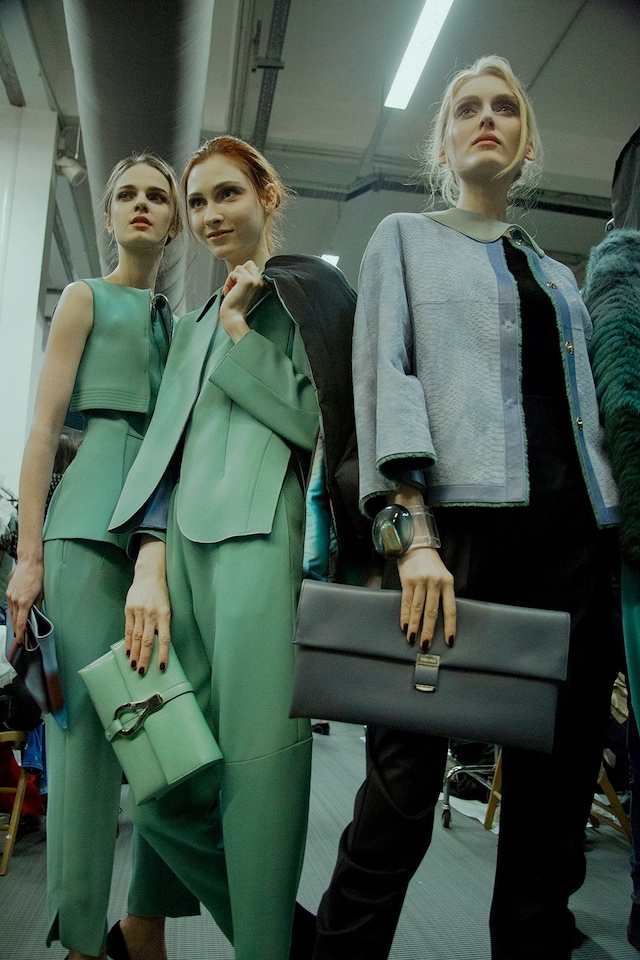 Giorgio Armani AW15 Dazed backstage Womenswear pastel mint 17