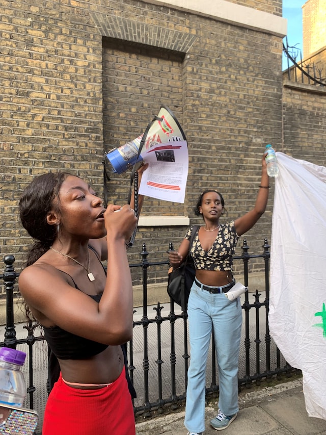Protestors make speeches at the Fck Gvt Fck Boris march 2