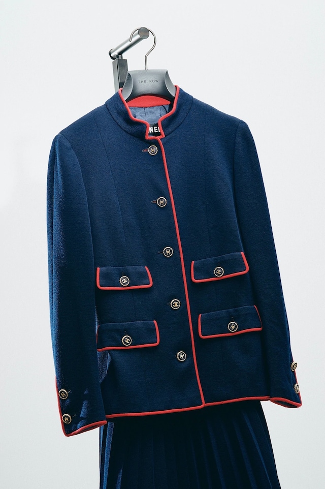 Chanel, haute couture navy skirt suit with red piping 3