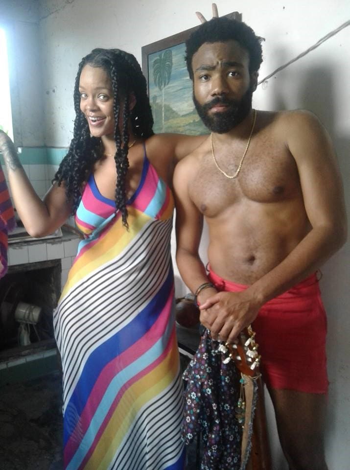 Rihanna and Donald Glover on set