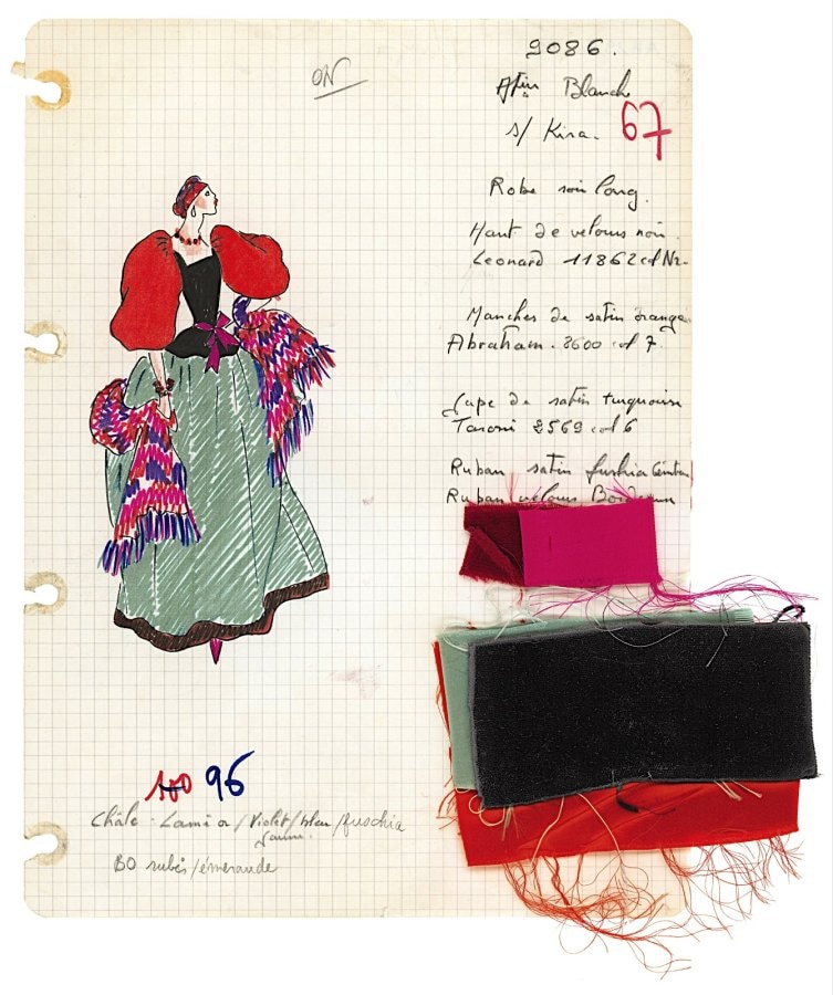 Original sketch with notes and swatches, Evening G 0