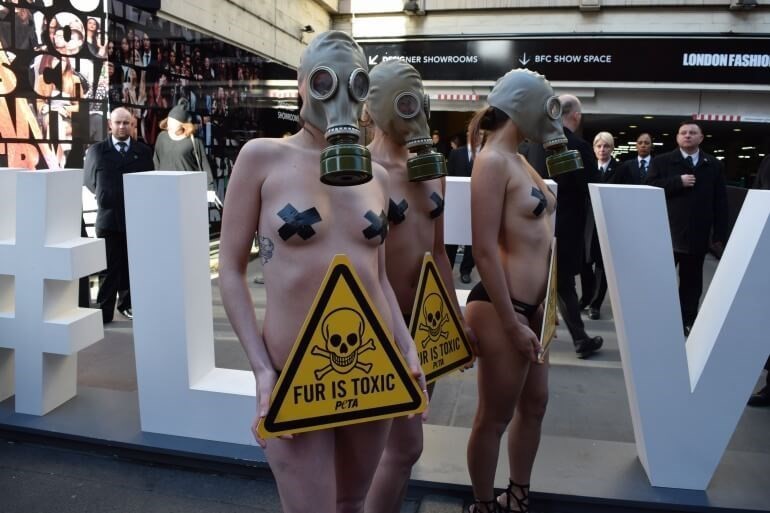 Anti-fur protestors at London Fashion Week in February