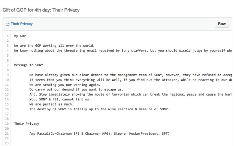 Git Hub post about the Sony hack