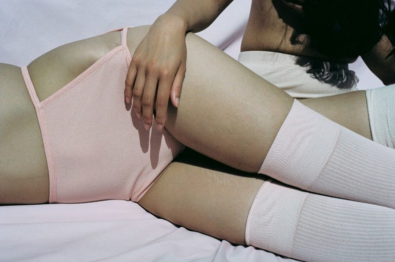 Cut-out pink knickers on bed, Marie Yat SS16