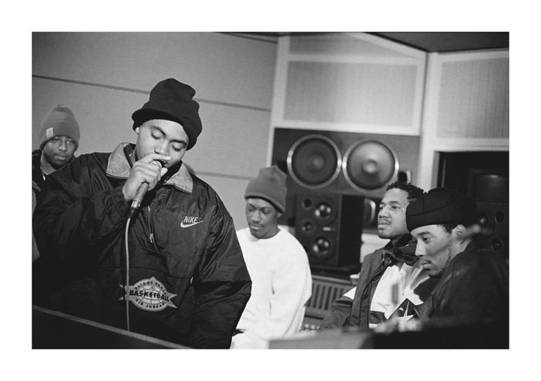 Nas in the studio during recording sessions for Illmatic