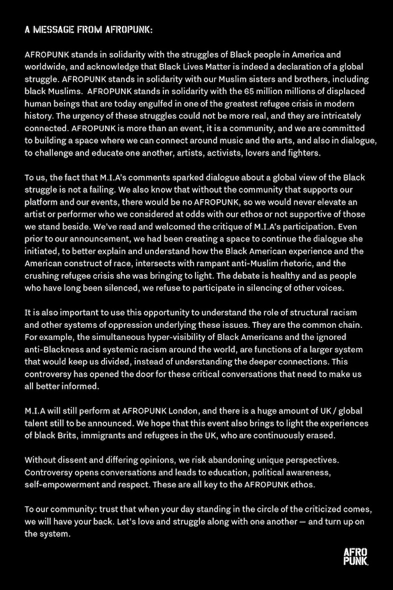 AFROPUNK MIA statement