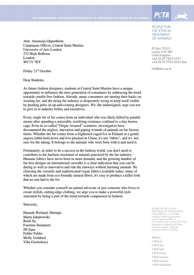 PETA designers anti fur letter