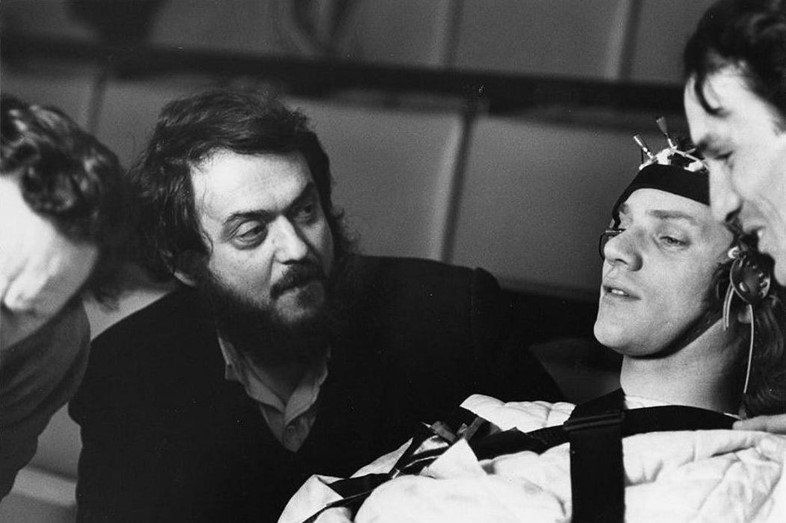 Stanley Kubrick and Malcolm McDowell in A Clockwork Orange