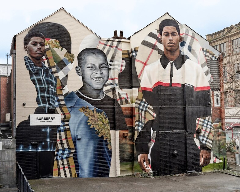 Marcus Rashford mural Manchester Burberry Jazz Grant 