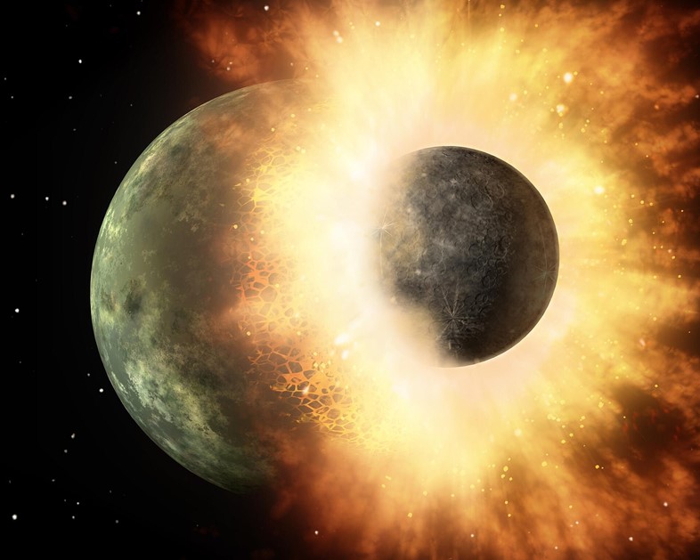 Artist’s depiction of two planetary bodies colliding