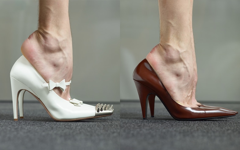Contorted photos of men’s feet in archive Prada heels