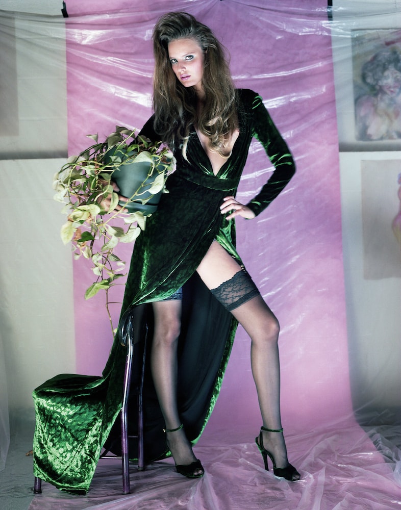 Tilda wears dress and shoes by Gucci, suspender be 7