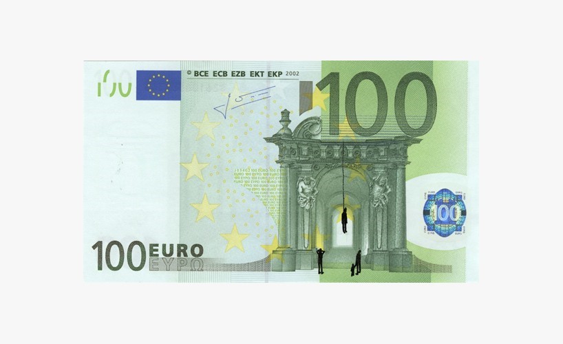 Greek artist Stefanos defaces EU euro banknotes