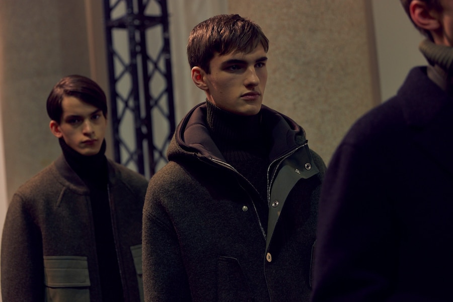 Neil Barrett AW15 backstage menswear Milan woollen coats 12