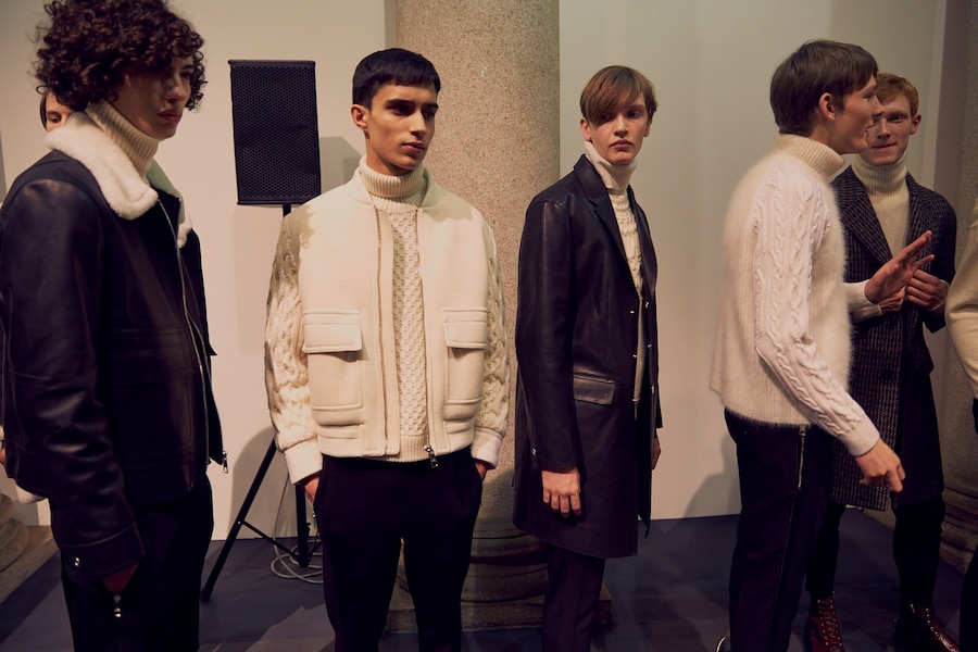 Neil Barrett AW15 backstage menswear Milan cream knitwear 18
