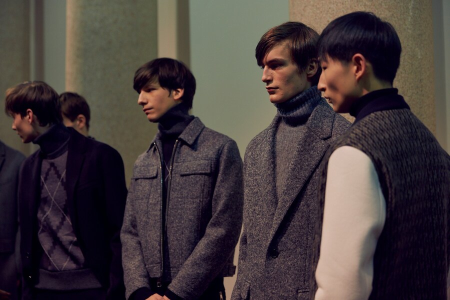 Neil Barrett AW15 backstage menswear Milan grey wool jackets 20