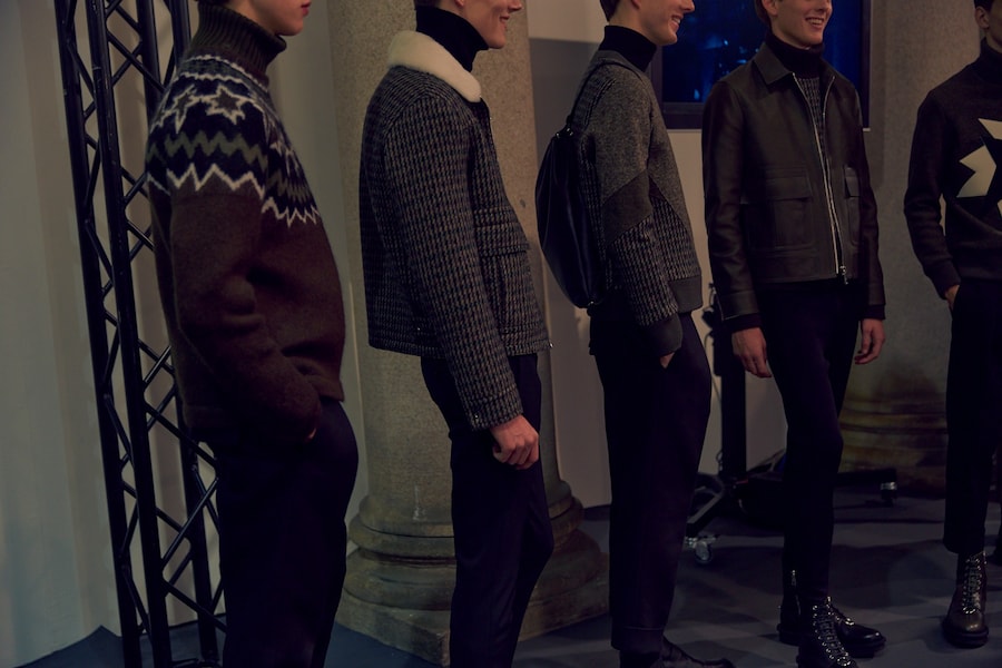 Neil Barrett AW15 backstage menswear Milan patterned knits 24
