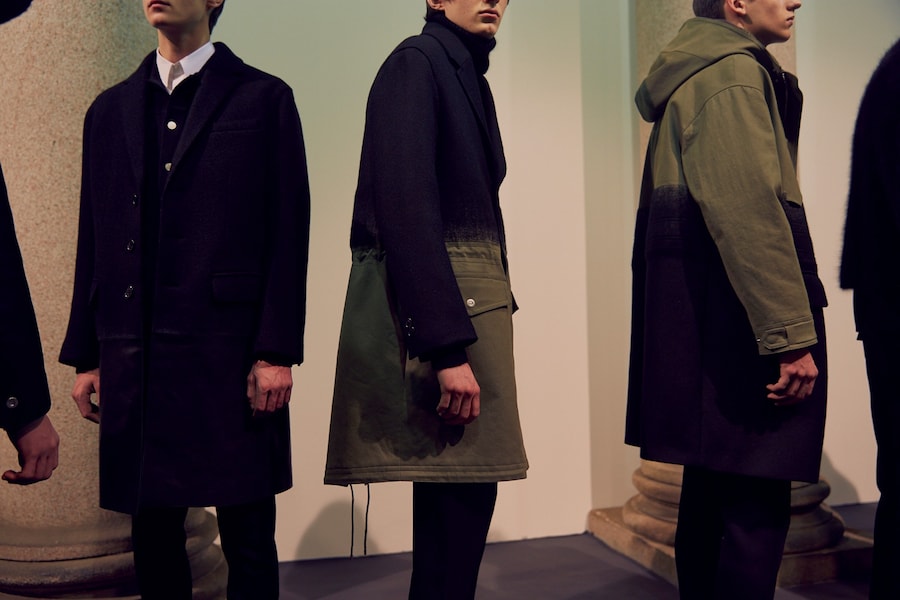 Neil Barrett AW15 backstage menswear Milan dip-dye coats 27
