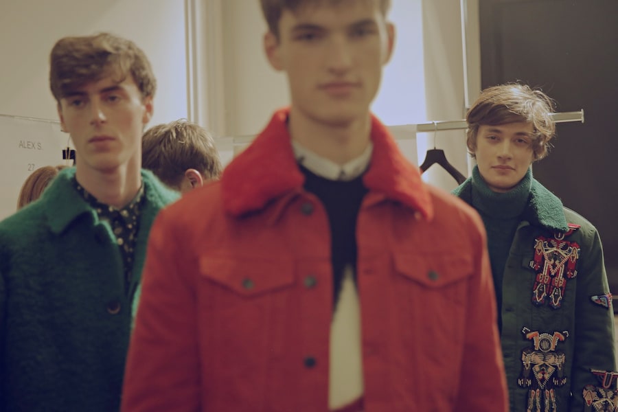 MSGM AW15 red denim jacket, Menswear, Dazed backstage 18