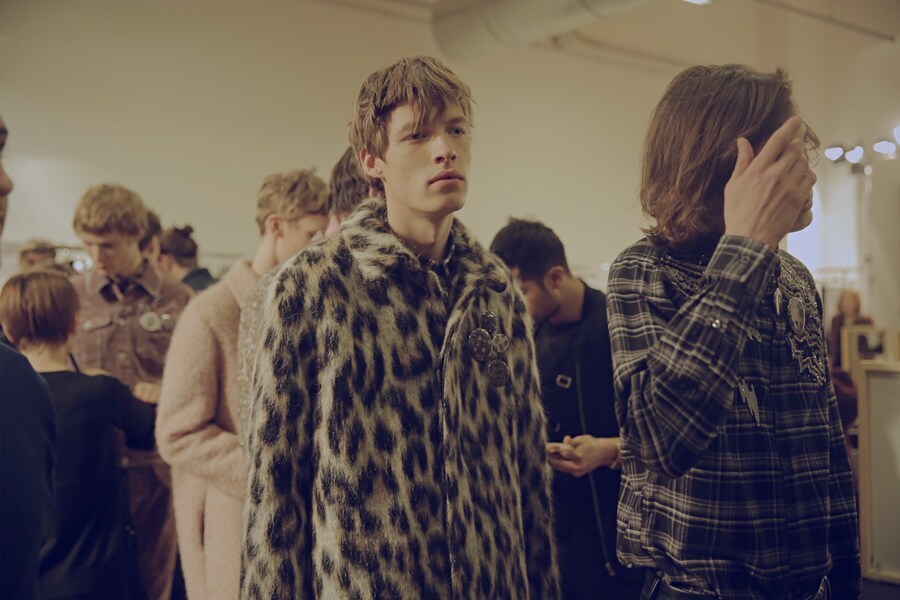 MSGM AW15 leopard coat w badges, Menswear, Dazed backstage 19