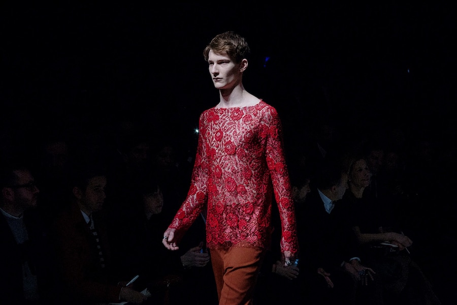 Gucci AW15 red lace top, Menswear, Dazed backstage 15