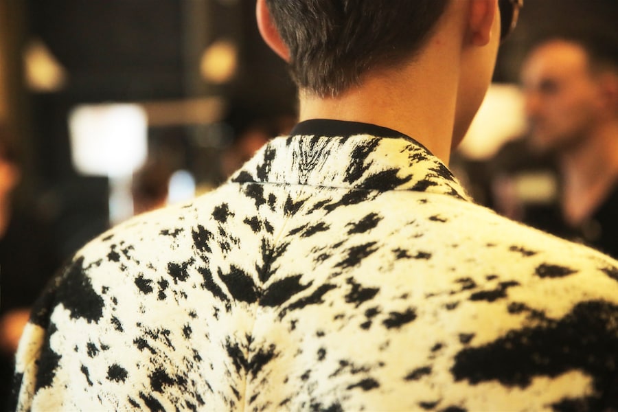 Roberto Cavalli AW15 detail print backstage cowprint b&amp;w 18