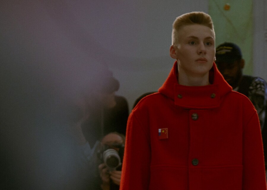 Gosha Rubchinskiy AW15 red coat, Menswear, Dazed backstage 15