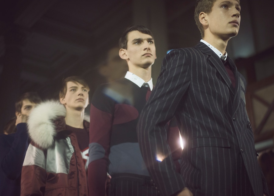 Krisvanassche AW15 Mens Pinstripe Suit Maroon Bomber Line 17