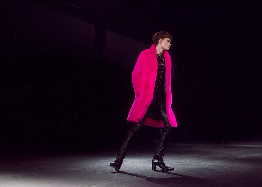  Saint Laurent AW15 Mens Pink Fur Jacket Heeled Boots 7