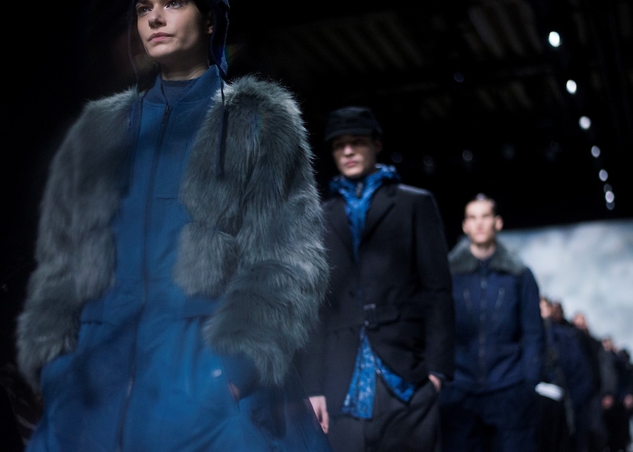 Y-3 AW15 Mens Blue Drawstring Grey Fur Coat Line Up 23