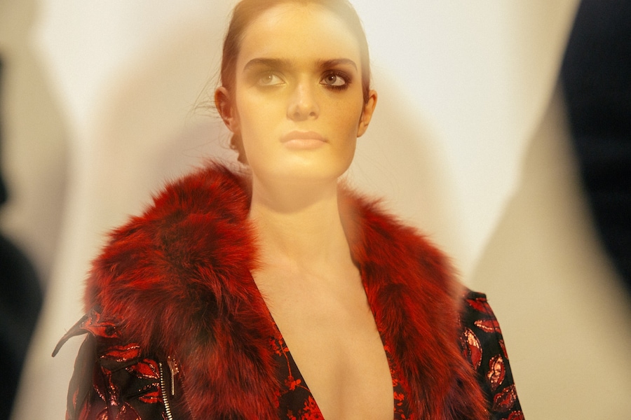 Diane von Furstenberg AW15, red fur collar, Dazed backstage 13