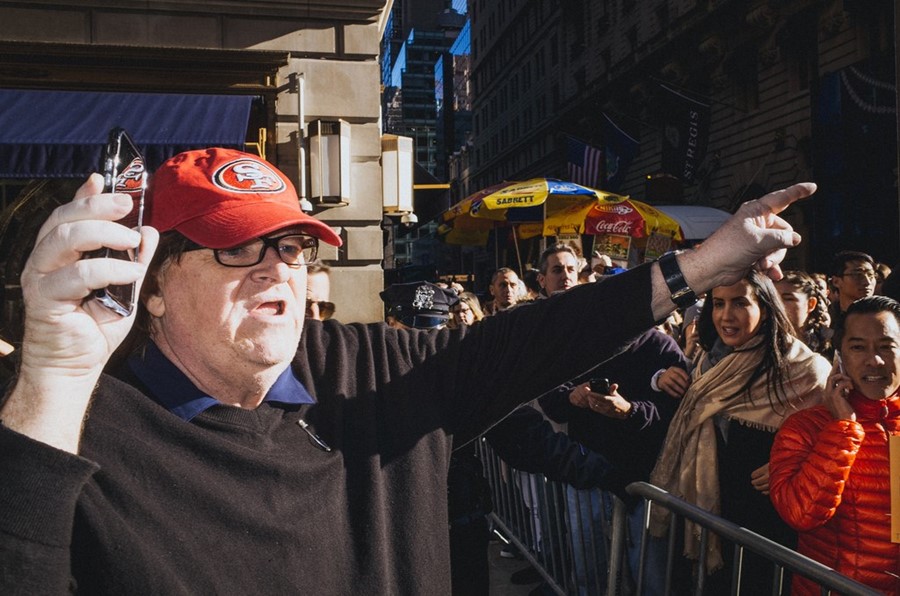 Michael Moore at an anti-Trump march, 2016