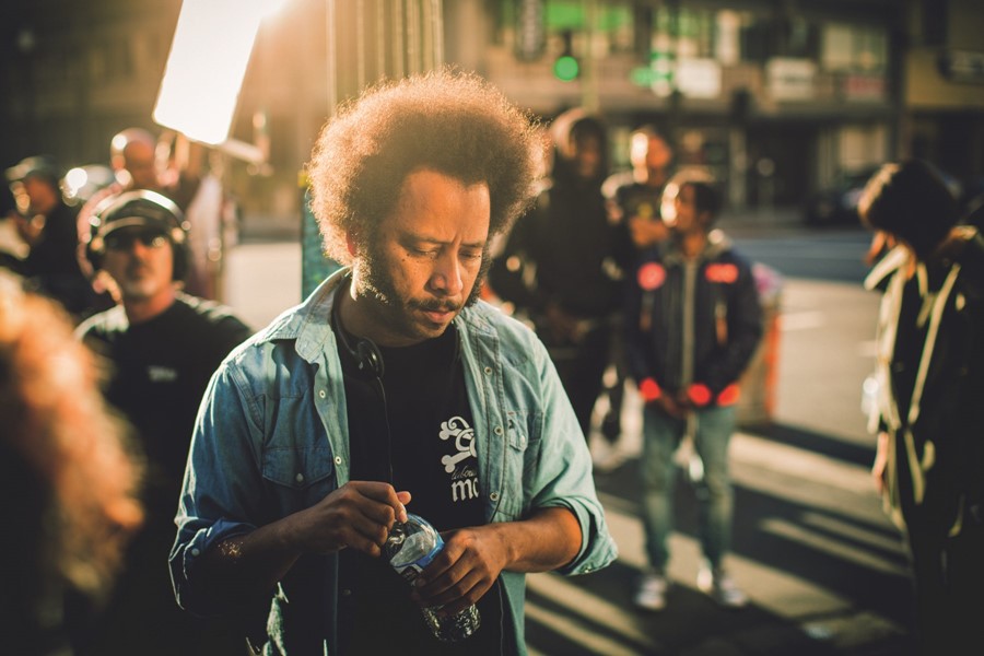 Boots Riley on the set of Sorry to Bother You