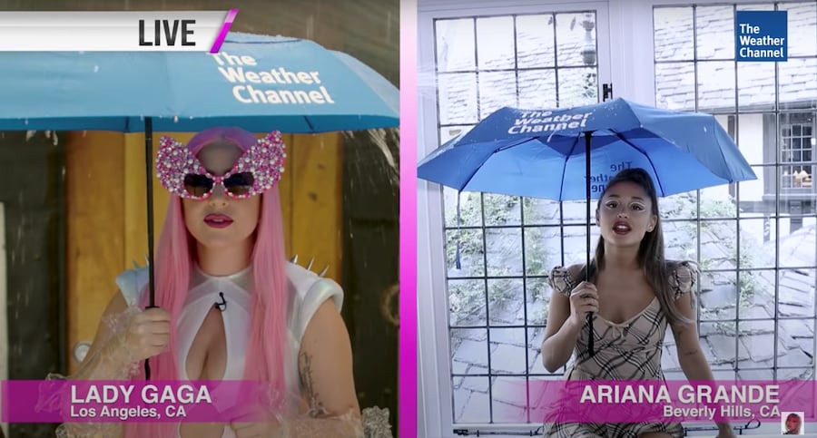 Lady Gaga and Ariana Grande as The Chromatica Weather Girls