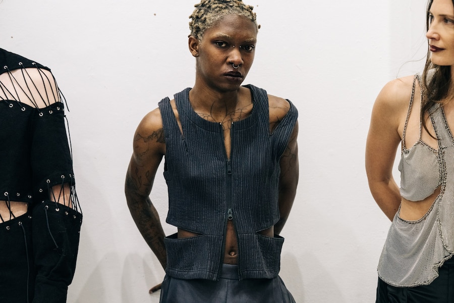 Eckhaus Latta AW22, model in navy two piece 6