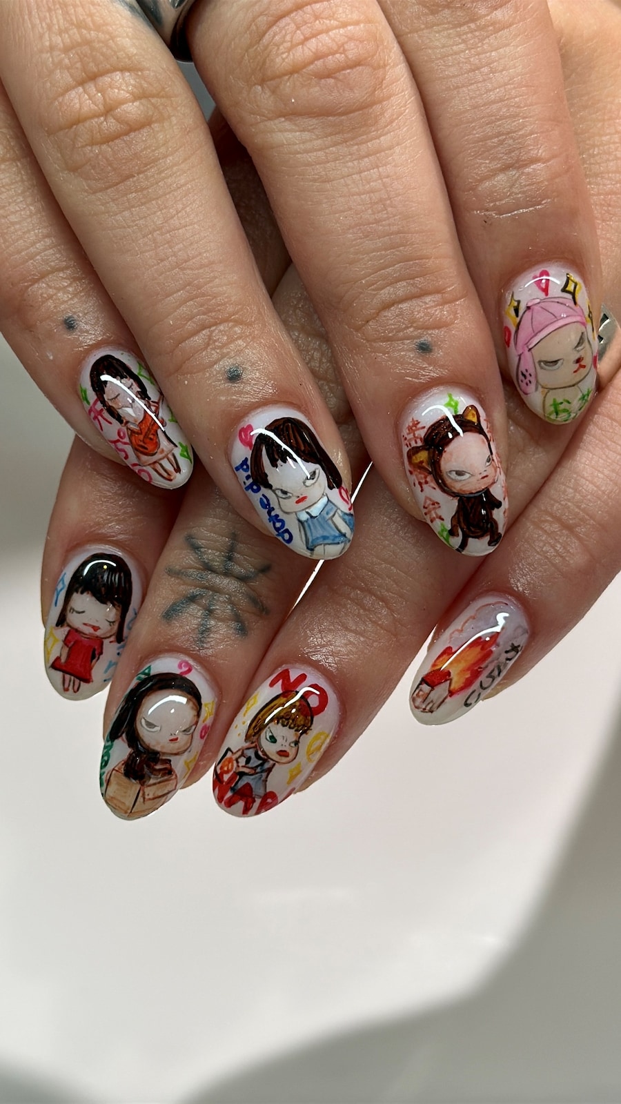 Yoshitomo Nara-inspired nail art