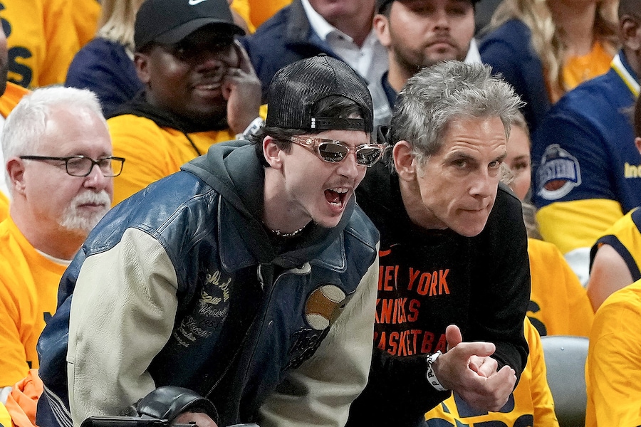 Timoth&#233;e Chalamet and Ben Stiller at the Knicks game 5
