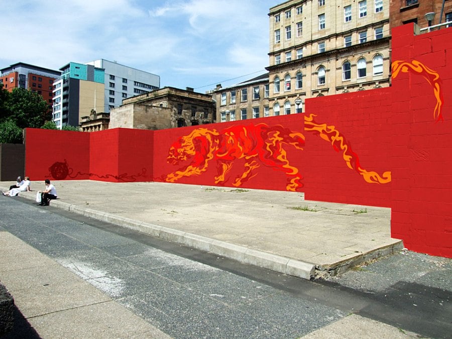 Mock-up of graffiti mural exploring Fire by McFaul
