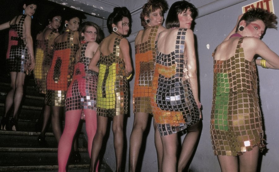 Models wearing curtain dresses during Fiorucci&#39;s 1 4