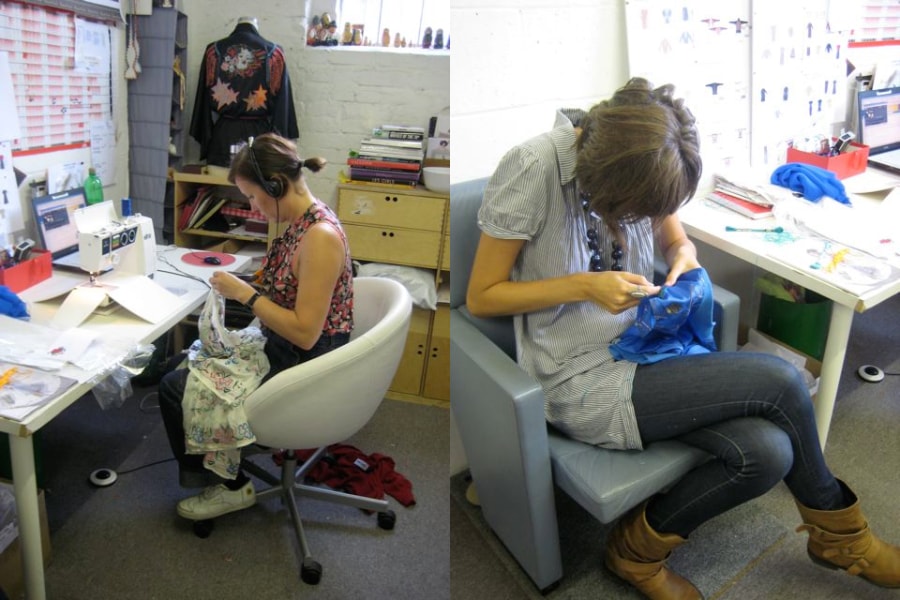 Left: Emma finishing a look, Right: Emily hand sew 18
